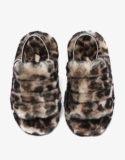 Australian Shepherd Leopard Print Fluffy Slides Sheepskin Wool Women Pamela-Slides-PEROZ Accessories