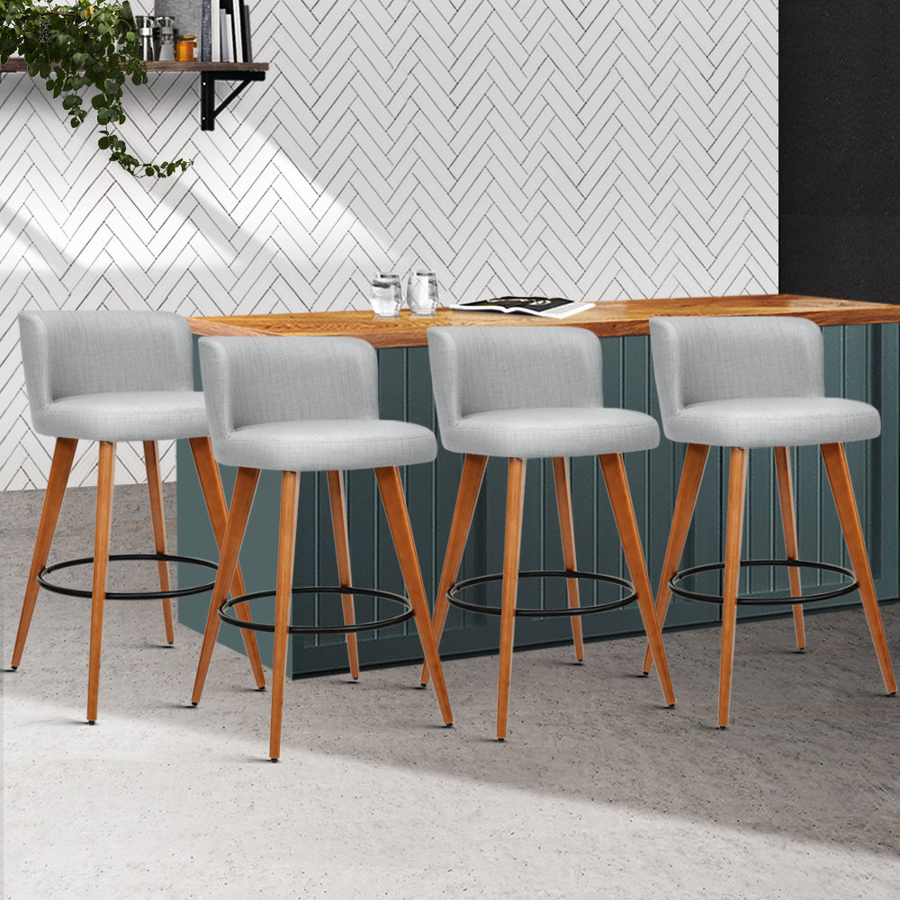 Artiss Set of 4 Wooden Fabric Bar Stools Circular Footrest - Light Grey-Furniture &gt; Bar Stools &amp; Chairs - Peroz Australia - Image - 1