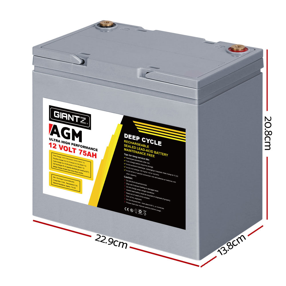 Giantz AGM Deep Cycle Battery 12V 75Ah Marine Sealed Power Portable Box Solar X2-Auto Accessories &gt; Auto Accessories Others-PEROZ Accessories