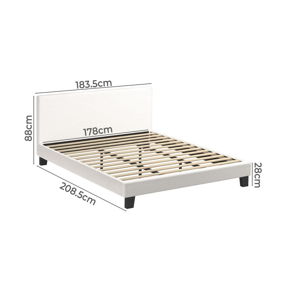 Oikiture King Bed Frame with Wooden Slats and Boucle Fabric Bed Base Mattress Platfrom White