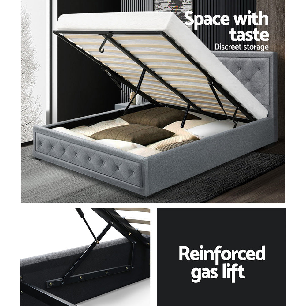 Artiss Tiyo Bed Frame Fabric Gas Lift Storage - Grey Double-Furniture &gt; Bedroom - Peroz Australia - Image - 6
