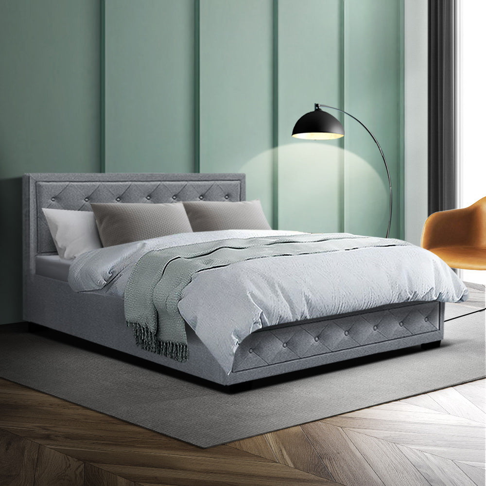 Artiss Tiyo Bed Frame Fabric Gas Lift Storage - Grey Double-Furniture &gt; Bedroom - Peroz Australia - Image - 1