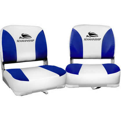 Seamanship Set of 2 Folding Swivel Boat Seats - White &amp; Blue-Outdoor &gt; Boating-PEROZ Accessories