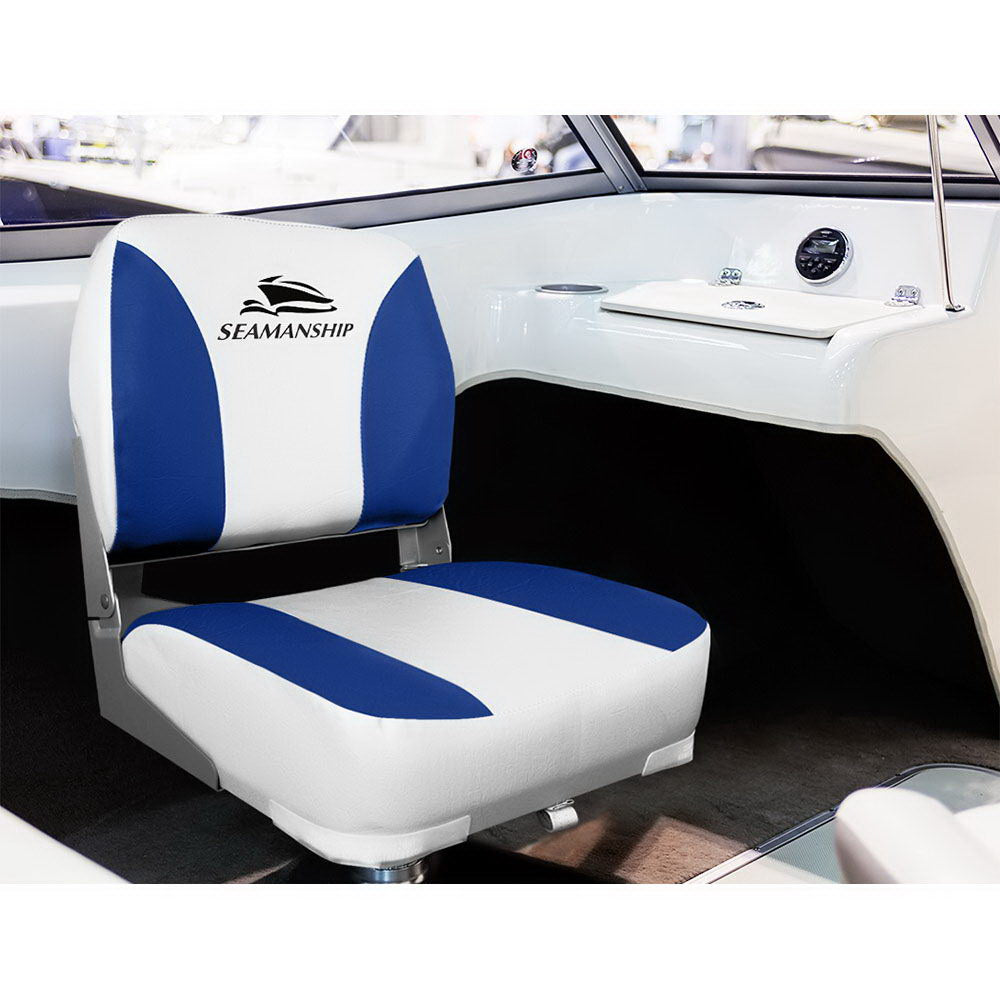 Seamanship Set of 2 Folding Swivel Boat Seats - White &amp; Blue-Outdoor &gt; Boating-PEROZ Accessories