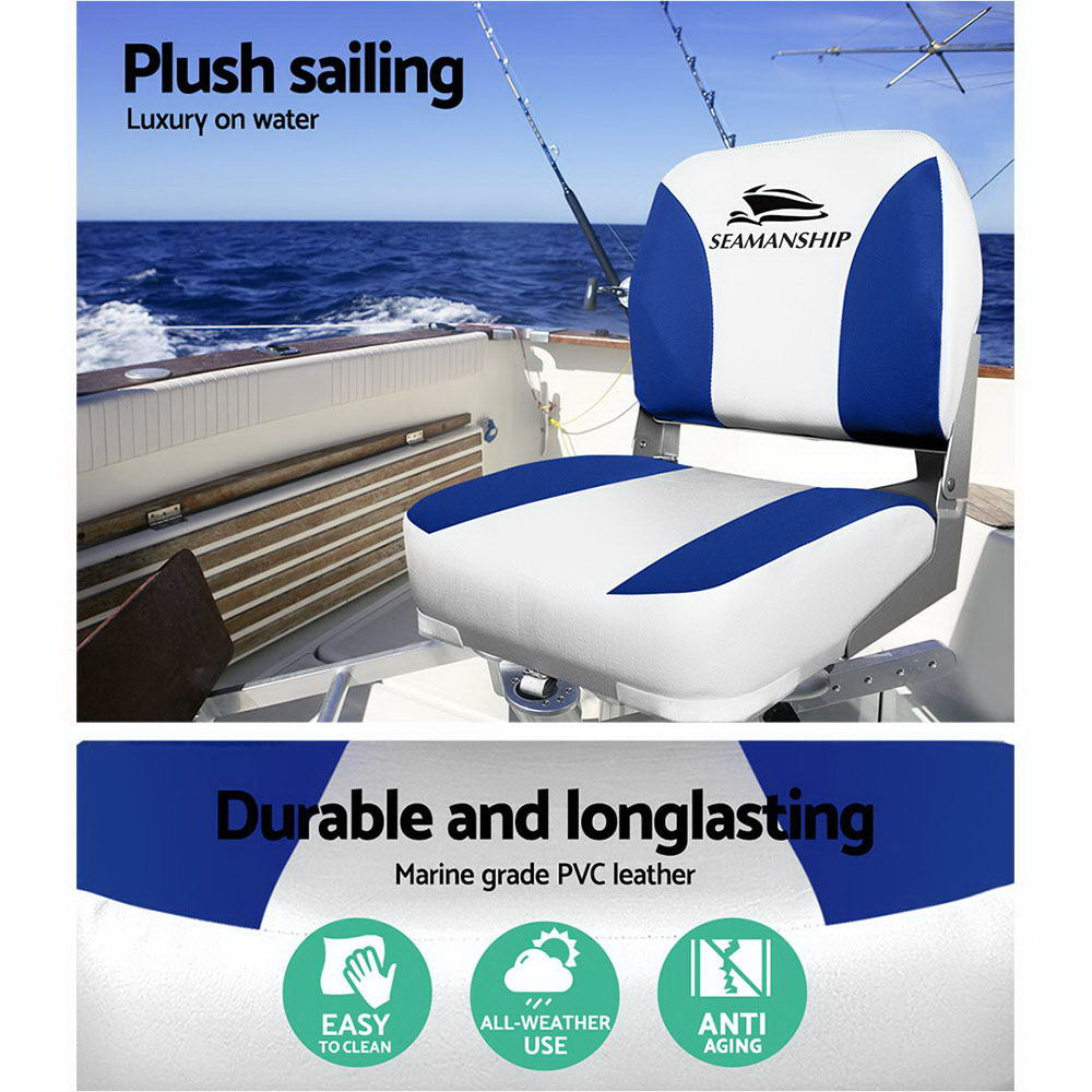 Seamanship Set of 2 Folding Swivel Boat Seats - White &amp; Blue-Outdoor &gt; Boating-PEROZ Accessories