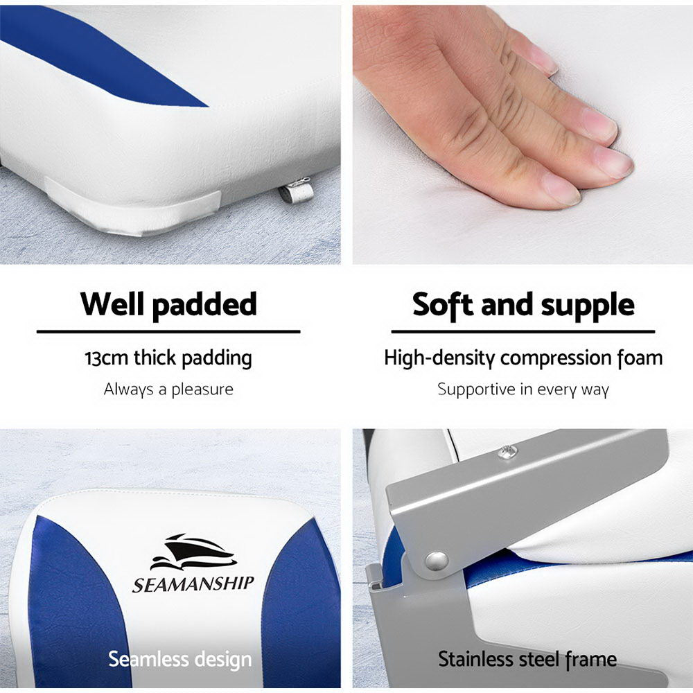 Seamanship Set of 2 Folding Swivel Boat Seats - White &amp; Blue-Outdoor &gt; Boating-PEROZ Accessories