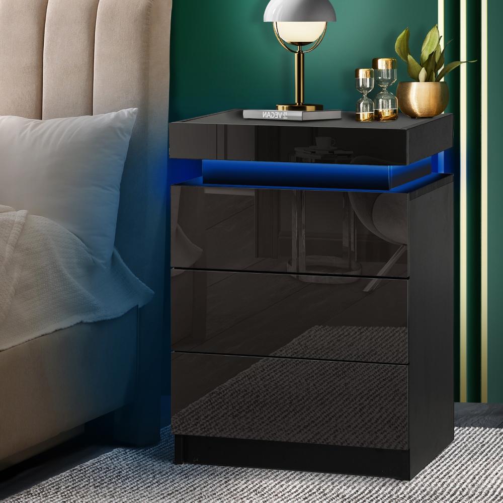 Oikiture Bedside Table RGB LED Nightstand Cabinet 3 Drawers Side Table Furniture Black-Bedside Table-PEROZ Accessories