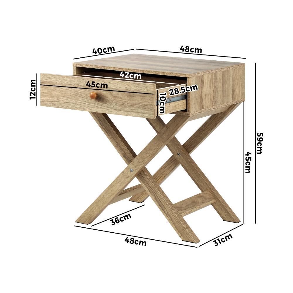 Oikiture Bedside Table with Wooden Frame and Cross Base Side Table Nightstand Wooden