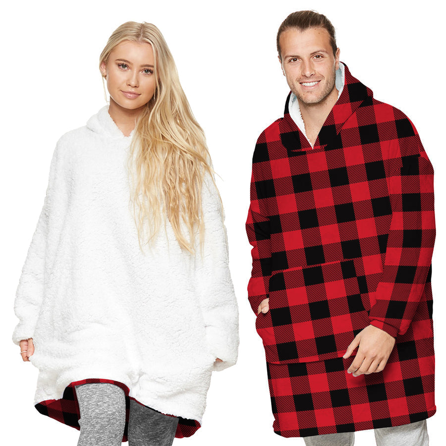 TARRAMARRA Reversible Hoodie Blanket Unisex Black and Red Check-Hoodie Blankets-PEROZ Accessories