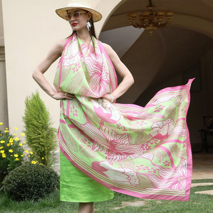 Anyyou 100% Mulberry Silk Pink And Green Long Scarf Luxury Brand Women Beach Shawl Wear Swimwear Pashimina Face Shield Foulard-Scarves-PEROZ Accessories