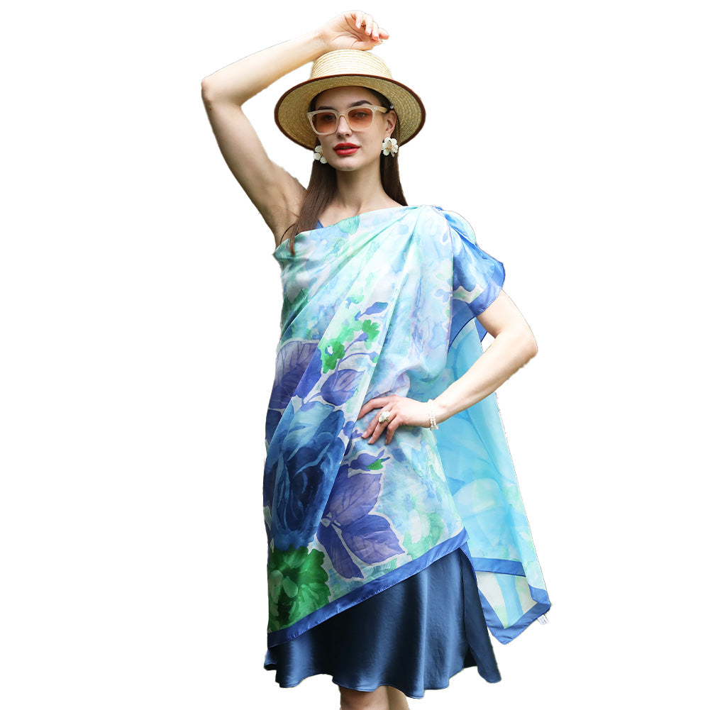 Anyyou 100% Mulberry Silk Sky Blue Long Scarf Luxury Brand Women Beach Shawl Wear Swimwear Pashimina Foulard-Scarves-PEROZ Accessories