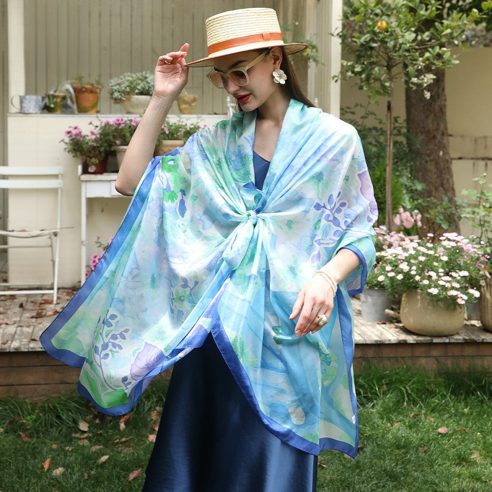 Anyyou 100% Mulberry Silk Sky Blue Long Scarf Luxury Brand Women Beach Shawl Wear Swimwear Pashimina Foulard-Scarves-PEROZ Accessories