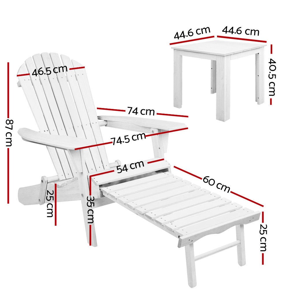 Gardeon 3 Piece Outdoor Adirondack Lounge Beach Chair Set - White-Furniture &gt; Outdoor-PEROZ Accessories