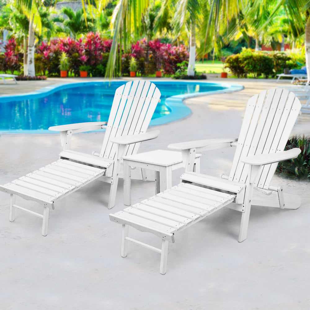 Gardeon 3 Piece Outdoor Adirondack Lounge Beach Chair Set - White-Furniture &gt; Outdoor-PEROZ Accessories