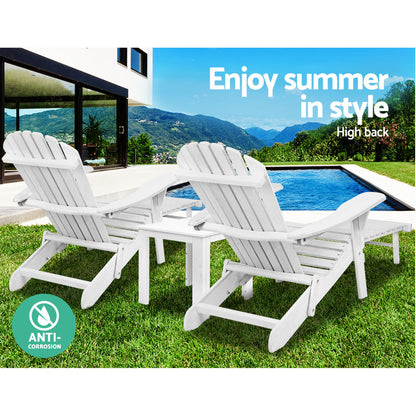 Gardeon 3 Piece Outdoor Adirondack Lounge Beach Chair Set - White-Furniture &gt; Outdoor-PEROZ Accessories