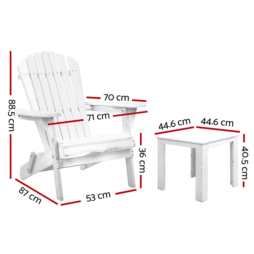 Gardeon 3 Piece Outdoor Adirondack Beach Chair and Table Set - White-Furniture &gt; Outdoor-PEROZ Accessories