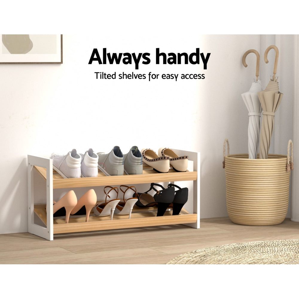 Artiss Shoe Rack Wooden Storage 2 Tier Tilted Shelves Stand Organizer Kara-Home &amp; Garden &gt; Storage-PEROZ Accessories