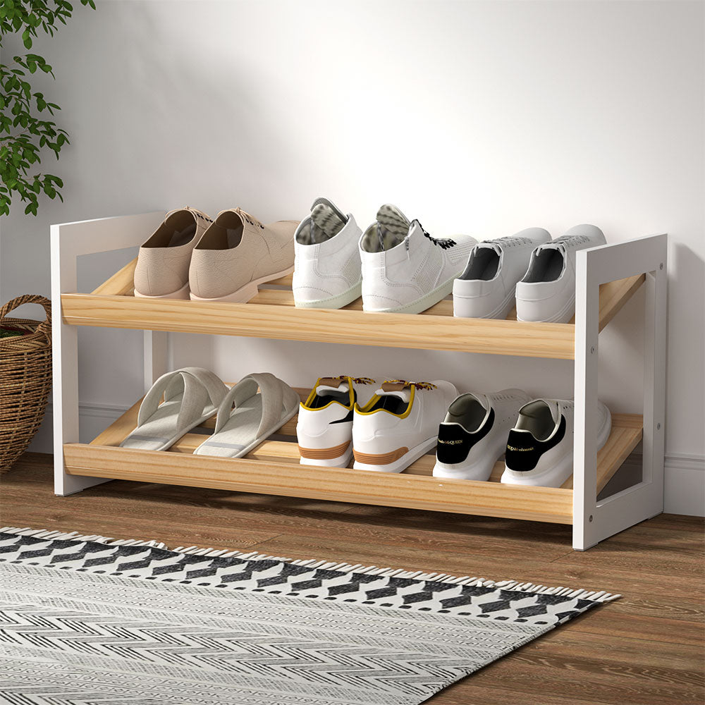 Artiss Shoe Rack Wooden Storage 2 Tier Tilted Shelves Stand Organizer Kara-Home &amp; Garden &gt; Storage-PEROZ Accessories