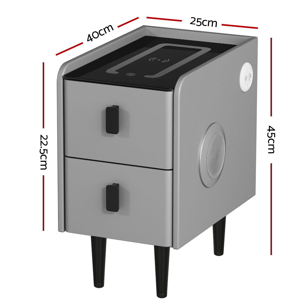 Artiss Smart Bedside Table 2 Drawers with Wireless Charging Ports LED Grey AIDA-Furniture &gt; Bedroom-PEROZ Accessories