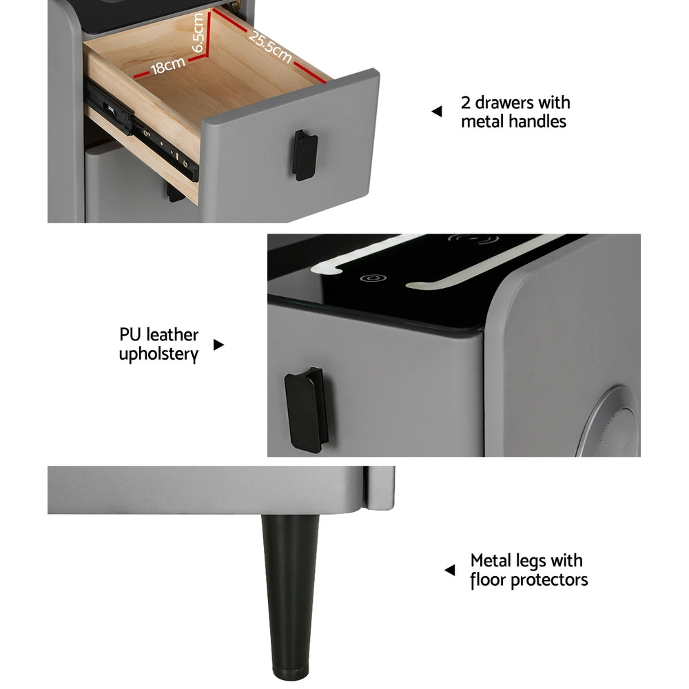 Artiss Smart Bedside Table 2 Drawers with Wireless Charging Ports LED Grey AIDA-Furniture &gt; Bedroom-PEROZ Accessories