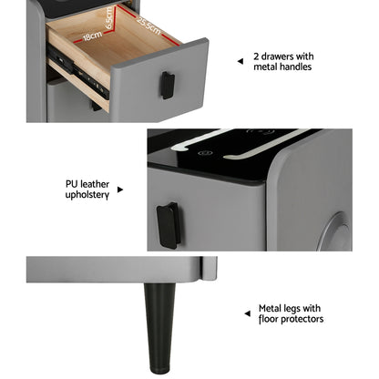 Artiss Smart Bedside Table 2 Drawers with Wireless Charging Ports LED Grey AIDA-Furniture &gt; Bedroom-PEROZ Accessories