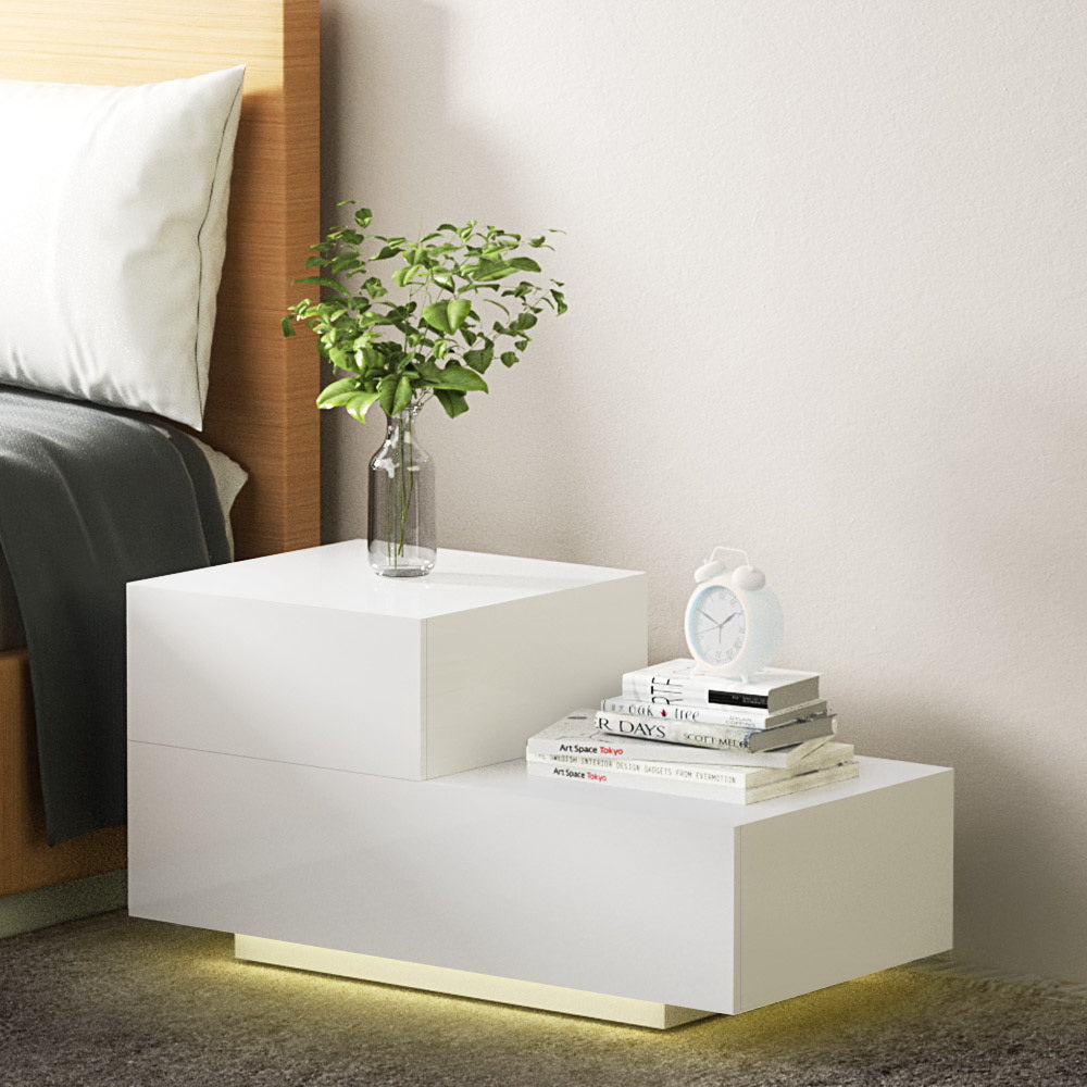 Artiss Bedside Tables 2 Drawers Side Table RGB LED High Gloss Nightstand White-Furniture &gt; Bedroom - Peroz Australia - Image - 1