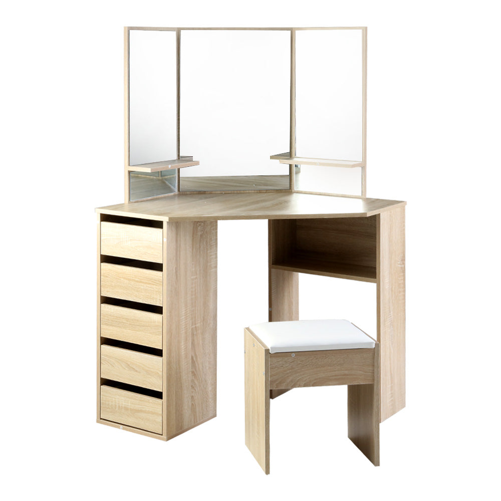 Artiss Corner Dressing Table Mirror Stool Set Makeup Vanity Desk Chair Oak-Furniture &gt; Bedroom - Peroz Australia - Image - 2