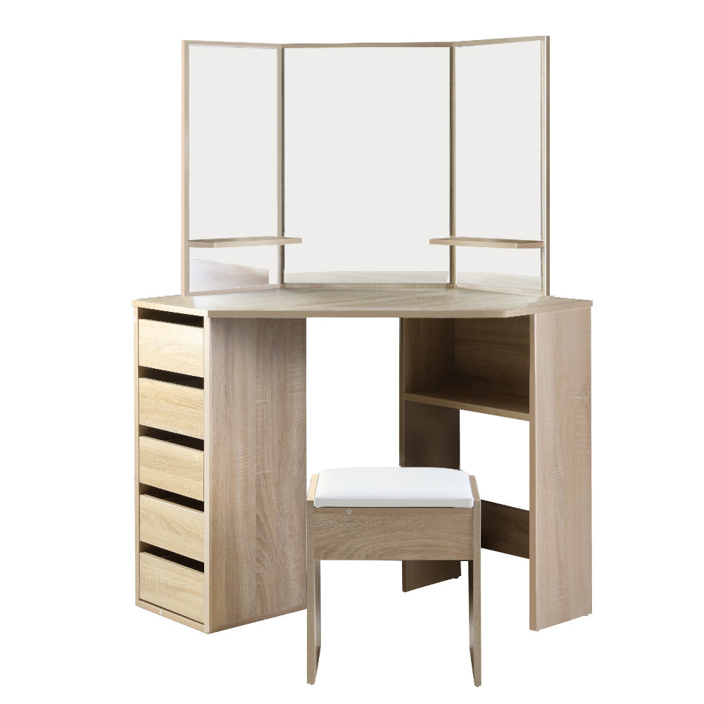 Artiss Corner Dressing Table Mirror Stool Set Makeup Vanity Desk Chair Oak-Furniture &gt; Bedroom - Peroz Australia - Image - 4