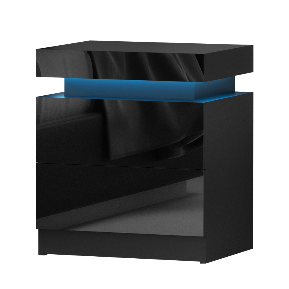 Artiss Bedside Tables Side Table Drawers RGB LED High Gloss Nightstand Black-Furniture &gt; Bedroom - Peroz Australia - Image - 1