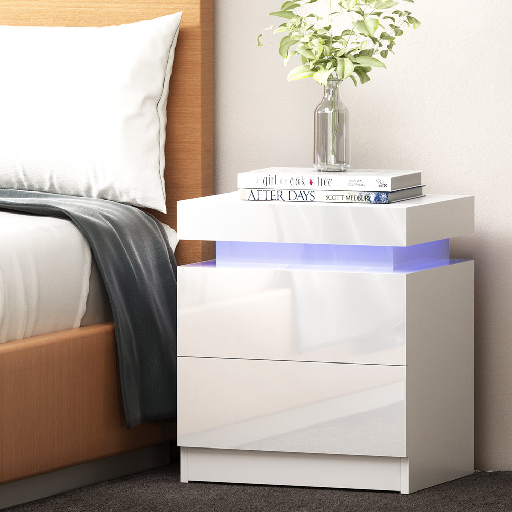 Artiss Bedside Tables Side Table Drawers RGB LED High Gloss Nightstand White-Furniture &gt; Bedroom - Peroz Australia - Image - 1