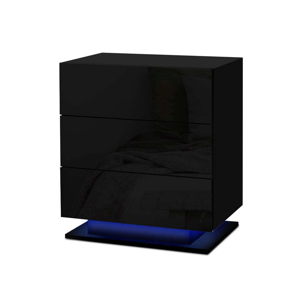 Artiss Bedside Tables Side Table RGB LED Lamp 3 Drawers Nightstand Gloss Black-Furniture &gt; Bedroom - Peroz Australia - Image - 1