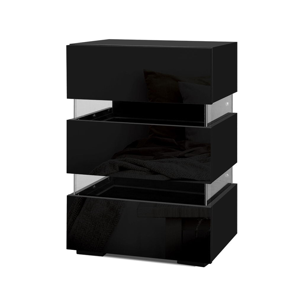 Artiss Bedside Table Side Unit RGB LED Lamp 3 Drawers Nightstand Gloss Furniture Black-Furniture &gt; Bedroom - Peroz Australia - Image - 1