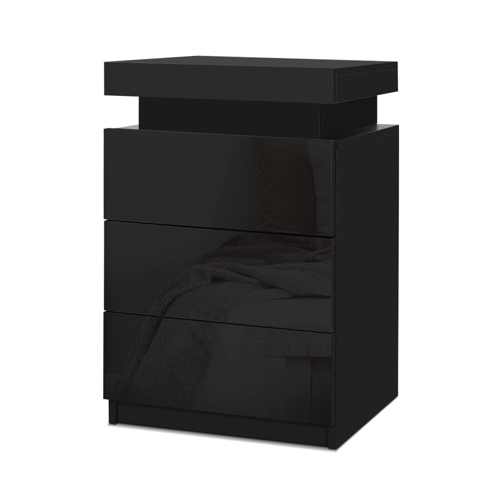 Artiss Bedside Tables Side Table 3 Drawers RGB LED High Gloss Nightstand Black-Furniture &gt; Bedroom - Peroz Australia - Image - 1