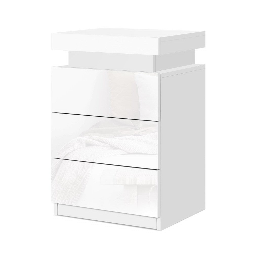 Artiss Bedside Tables Side Table 3 Drawers RGB LED High Gloss Nightstand White-Furniture &gt; Bedroom - Peroz Australia - Image - 1