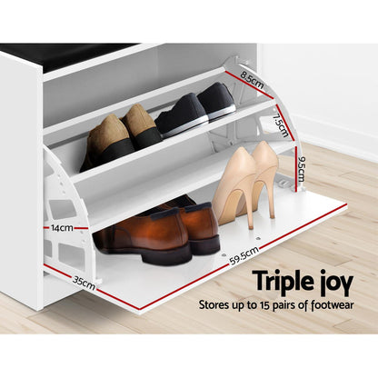 Artiss Shoe Cabinet Bench Shoes Storage Rack Organiser Drawer White 15 Pairs-Furniture &gt; Living Room - Peroz Australia - Image - 7