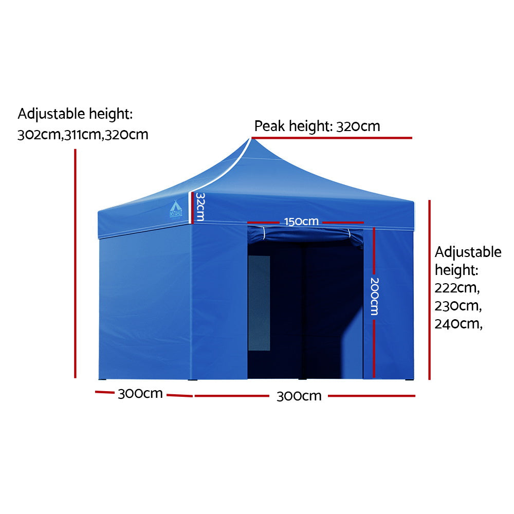 Instahut Gazebo Pop Up Marquee 3x3m Folding Wedding Tent Gazebos Shade Blue-Home &amp; Garden &gt; Shading-PEROZ Accessories