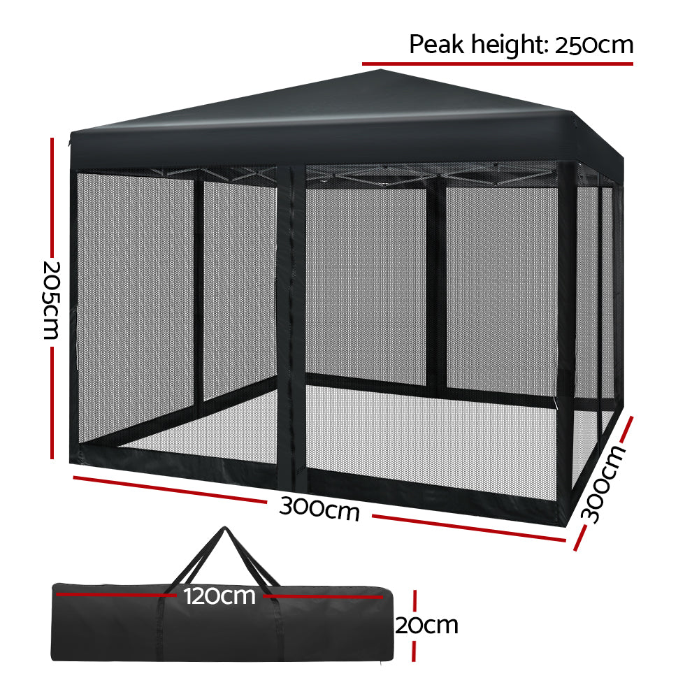 Instahut Gazebo Pop Up Marquee 3x3 Wedding Side Mesh Wall Outdoor Gazebos Black-Home &amp; Garden &gt; Shading-PEROZ Accessories