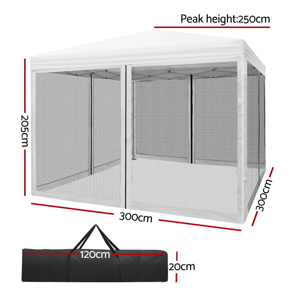 Instahut Gazebo Pop Up Marquee 3x3 Wedding Side Mesh Wall Outdoor Gazebos White-Home &amp; Garden &gt; Shading-PEROZ Accessories