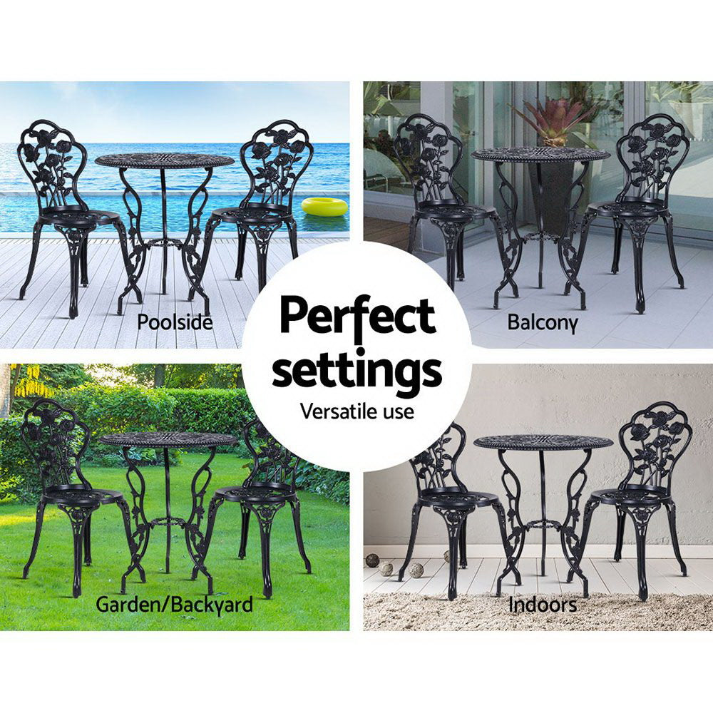 Gardeon 3PC Outdoor Setting Cast Aluminium Bistro Table Chair Patio Black-Furniture &gt; Outdoor-PEROZ Accessories