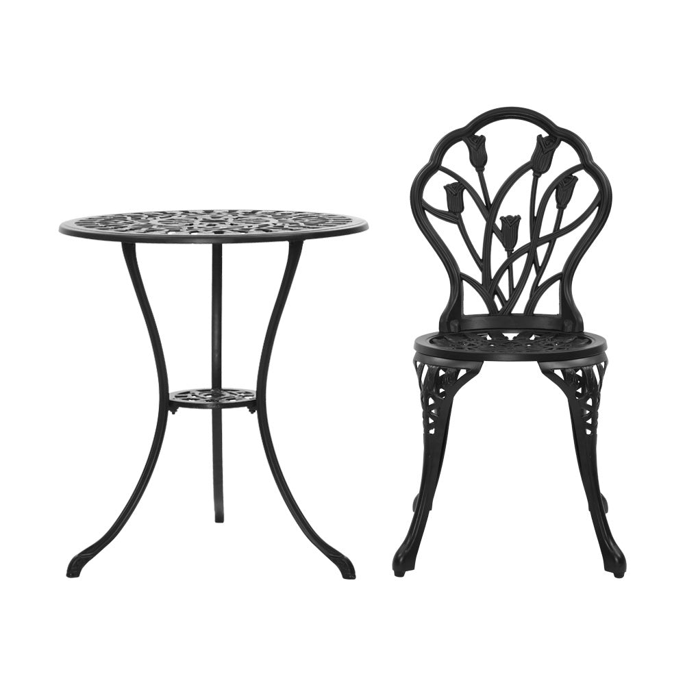 Gardeon 3PC Outdoor Setting Cast Aluminium Bistro Table Chair Patio Black-Furniture &gt; Outdoor-PEROZ Accessories