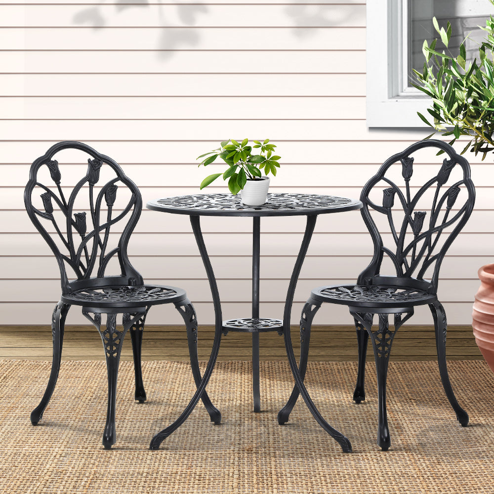 Gardeon 3PC Outdoor Setting Cast Aluminium Bistro Table Chair Patio Black-Furniture &gt; Outdoor-PEROZ Accessories