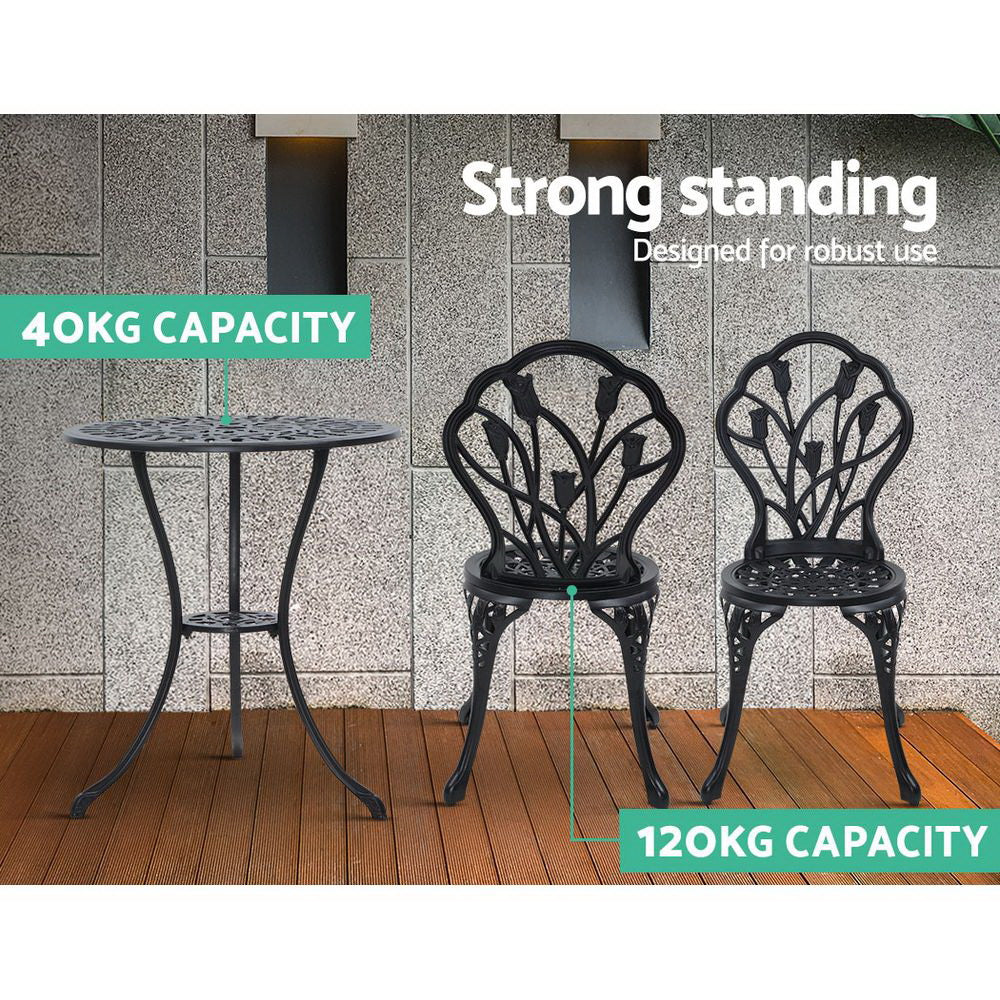 Gardeon 3PC Outdoor Setting Cast Aluminium Bistro Table Chair Patio Black-Furniture &gt; Outdoor-PEROZ Accessories