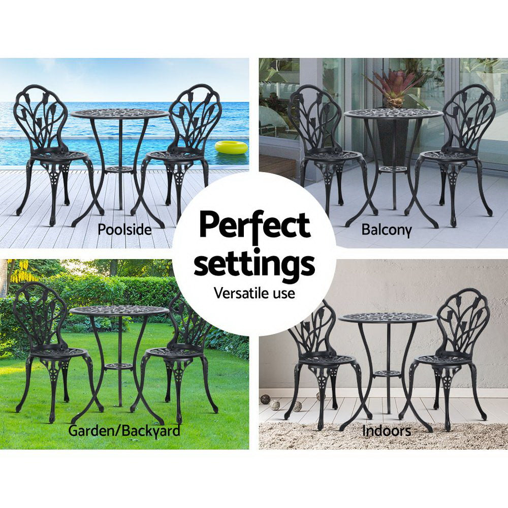 Gardeon 3PC Outdoor Setting Cast Aluminium Bistro Table Chair Patio Black-Furniture &gt; Outdoor-PEROZ Accessories