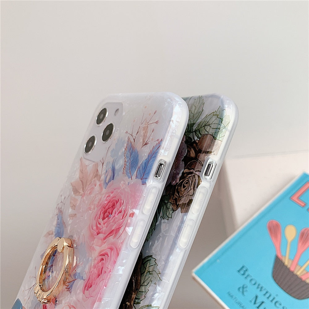 Anymob iPhone Rose Pink Shell Flowers Ring Stand Phone Cover With Ring Holder-Mobile Phone Cases-PEROZ Accessories