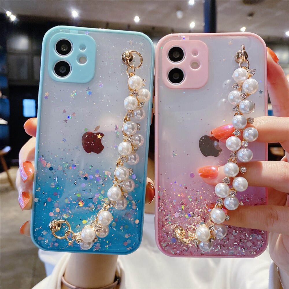 Anymob iPhone Case Sky Blue Pearl Bracelet Glitter Shockproof Camera Protection Cover-Mobile Phone Cases-PEROZ Accessories