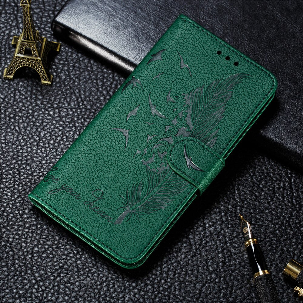 Anymob Huawei Case Green 3D Feather Embossed Leather Flip Cover-Mobile Phone Cases-PEROZ Accessories