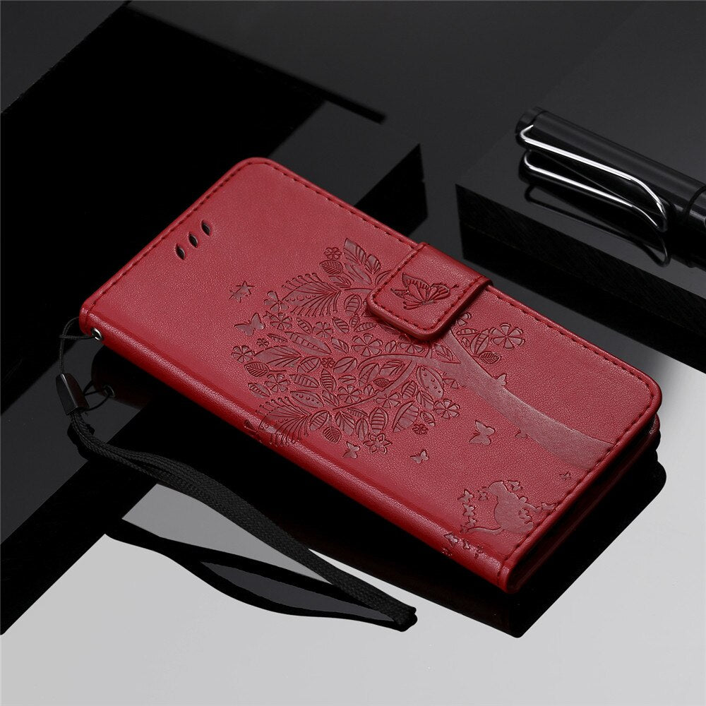 Anymob Samsung Red Tree Cat Leather Flip Case Wallet Phone Cover Protection-Mobile Phone Cases-PEROZ Accessories