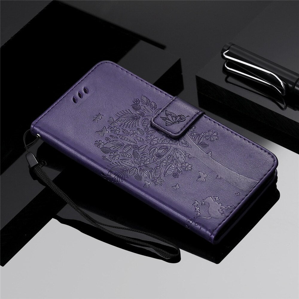 Anymob Samsung Dark Violet Tree Cat Leather Flip Case Wallet Phone Cover Protection-Mobile Phone Cases-PEROZ Accessories