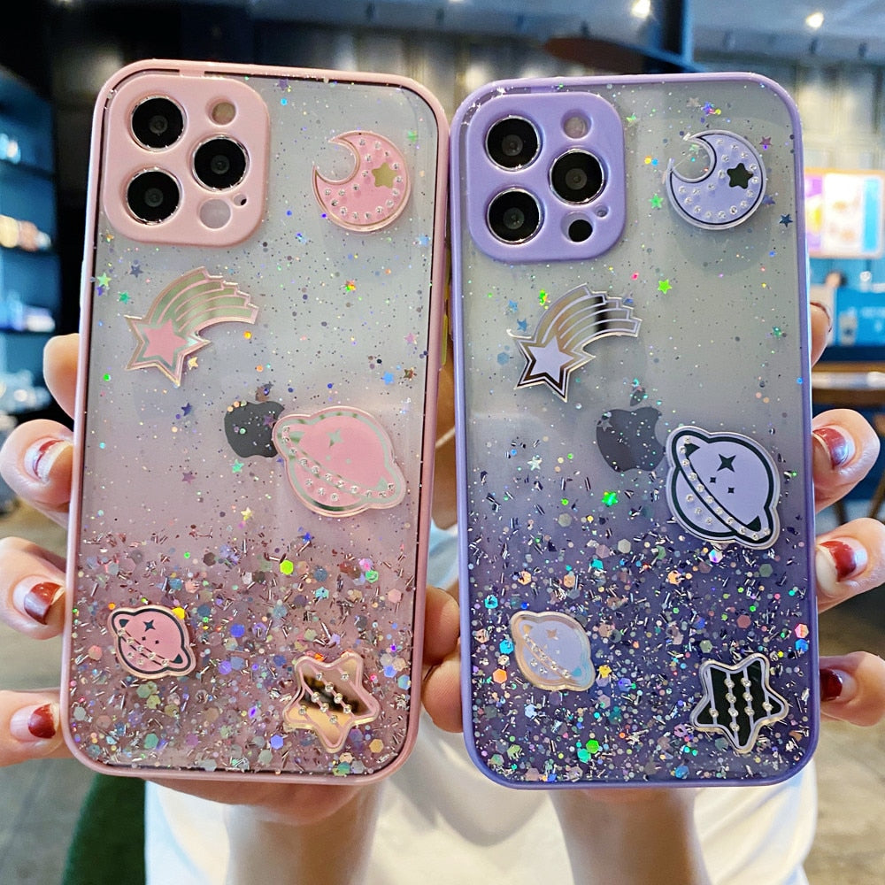 Anymob iPhone Case Black Cartoon Planet Glitter Soft Silicon Cover-Mobile Phone Cases-PEROZ Accessories