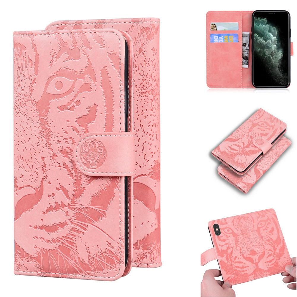 Anymob iPhone Case Purple Tiger Embossed Leather Flip Card Slot Wallet Phone Cover Fundas-Mobile Phone Cases-PEROZ Accessories